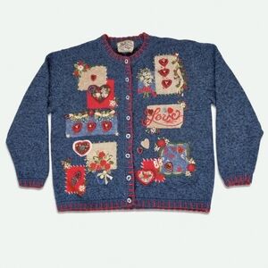 Vintage 2003 Heirloom Collectibles Blue Red Patchwork Applique Cardigan Sweater
